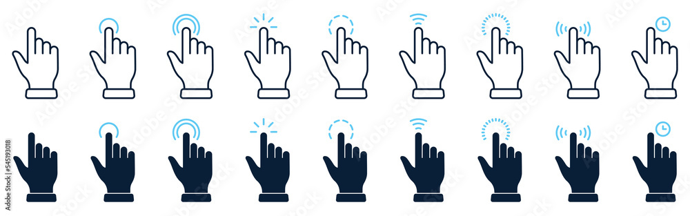 Poster hand with finger digital mouse click line and silhouette icon set. cursor computer pointer sign. web