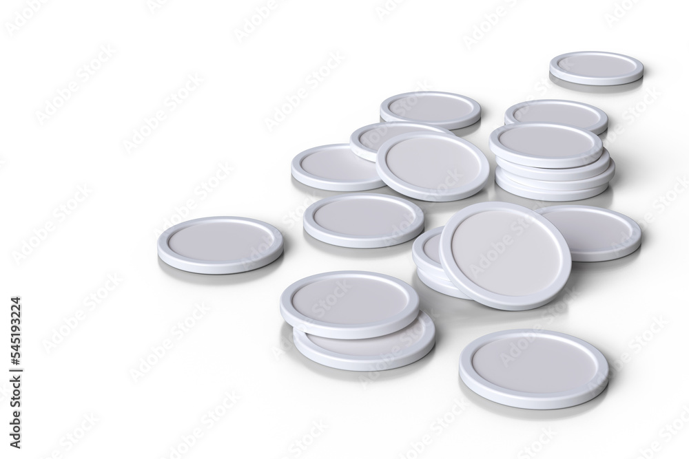 Poster mock up of coins or tokens scattered randomly on a surface viewed from above suitable for financial 