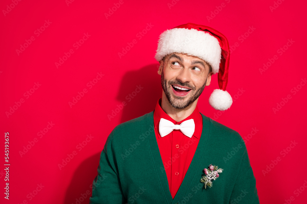 Poster closeup photo of young hadsome stubble beard man wear santa headwear look dreamy empty space adverti