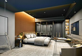 3d render. Modern bedroom interior.