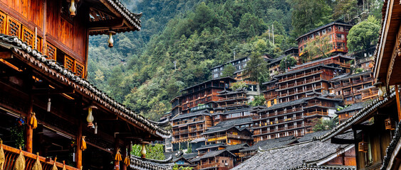 High angle closeup of buildings in Qianhu Miao Village in Xijiang, Guizhou, China