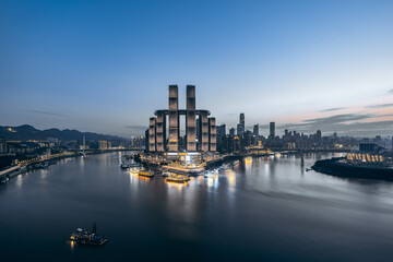 High angle night view of Chaotianmen Wharf in Chongqing, China