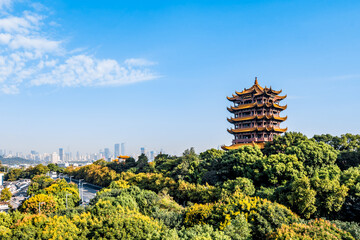 High angle view of Yellow Crane Tower in Wuhan, Hubei, China