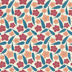 A seamless fun tropical floral pattern of frangipanis in pink, peach with their green leaves scattered. Great for textile, fashion, decor, wallpaper and more.