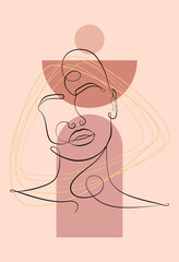 Vector template of design and illustrations in a minimalistic linear style. Minimalistic modern art. Female portrait and abstract print.