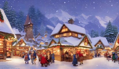 christmas market in a quaint alpine village - obrazy, fototapety, plakaty