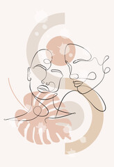 Female faces of the same line. Abstract geometric shapes. Continuous female portrait. Geometric shapes and floral elements in a modern minimalist style.