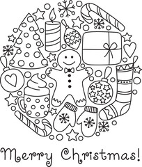 Holiday vector set of hand drawn doodle Christmas decorations. Xmas greeting card or poster template.