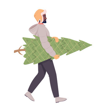 Adult man walking home with real Christmas tree semi flat color vector character. Editable figure. Full body person on white. Simple cartoon style illustration for web graphic design and animation