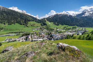 Fototapeta na wymiar The village of Splügen (1475m) in the Grisons, Switzerland, the start of the Splügen pass to northern Italy.