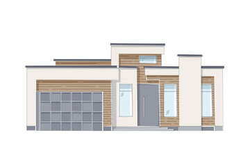 Architectural sketch of a modern detached house.  House with garage and flat roof. Family residence. Front of a house in the suburbs. Flat vector illustration.