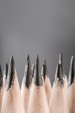Pencils stand upright closeup on a gray background. Minimalist close-up macro photography of a pencils. Pencil standing, leadership and growth in business concept.