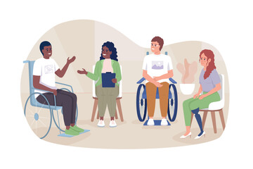 Support group for disabled patients 2D vector isolated illustration. Sharing experience flat characters on cartoon background. Colourful editable scene for mobile, website, presentation