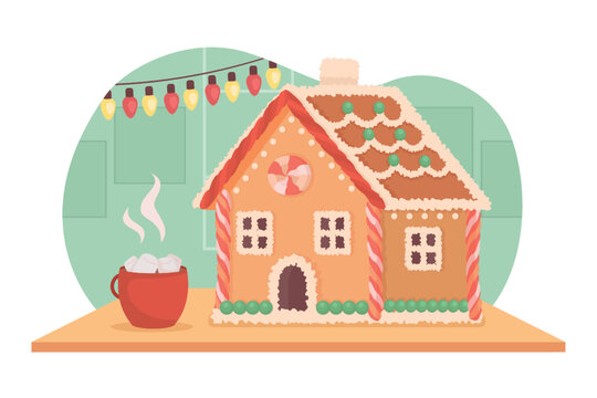 Gingerbread house and hot beverage 2D vector isolated illustration. Christmas flat object on cartoon background. Traditional decoration colourful editable scene for mobile, website, presentation