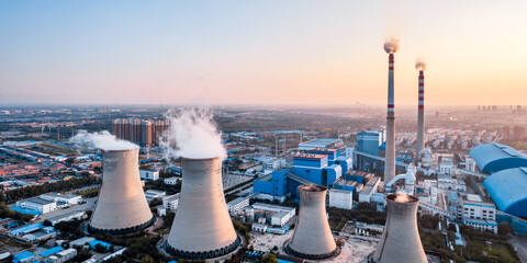 Aerial photography of coal-fired thermal power plants at dusk in Hohhot, Inner Mongolia, China - obrazy, fototapety, plakaty