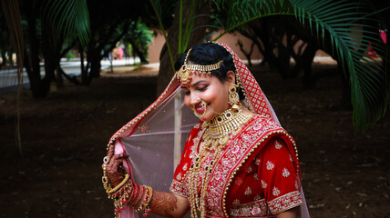 Portrait of a beautiful Indian bride in a traditional wedding dress. Young Hindu woman with golden...