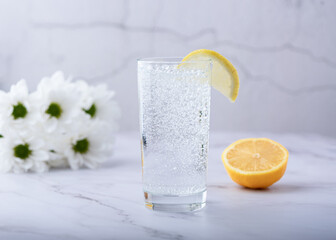 Glass of refreshing carbonated mineral water and a slice of lemon.