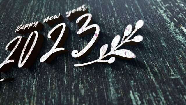 3D animation of 2023 Happy New Year silver wood chrome text cinematic title. Ending cover for end scence trailer winter snow, Christmas and New year event background