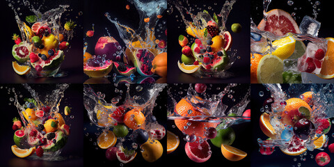 Big set super slow motion shot of fresh Fruits. Fruits on black background with water splash.