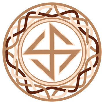 Hors, an ancient Slavic symbol, decorated with Scandinavian patterns. Beige fashion design