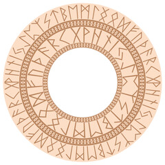 Runic circle, an ancient Slavic symbol, decorated with Scandinavian patterns. Beige fashion design