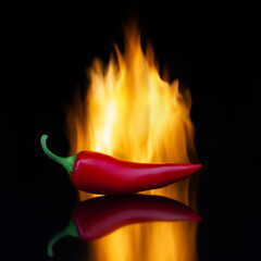 Hot red chili pepper on a black table. Fire in the background. Photo.