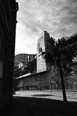 Vertical grayscale of the old Sydney Harbor Bridge