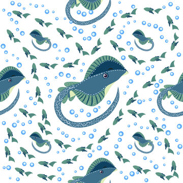 Batomorphi sea life, fish, animals bright seamless pattern. sea travel, snorkeling with animals, tropical fish