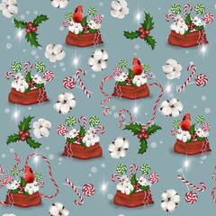 Seamless Christmas pattern with lollipops and red cardinal bird on a blue background - 545199812