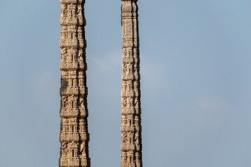 Detail of ornate stone pillars in the tourist site of Pondicherry.