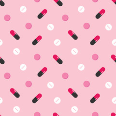 Pink vector seamless pattern background with food supplements, pills, medications.
