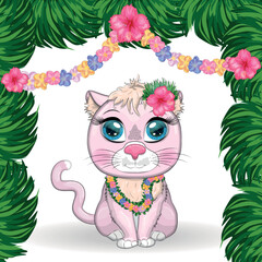 Obraz premium Cartoon cat dressed as a hula dancer under the ukulele, Hawaii. Summer, vacation. Cute child character, symbol of 2023