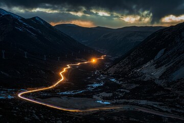 Light trails on the Sichuan Tibet highway in China