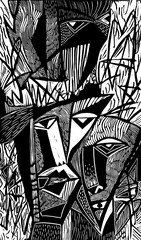 Naklejka premium Linocut heads