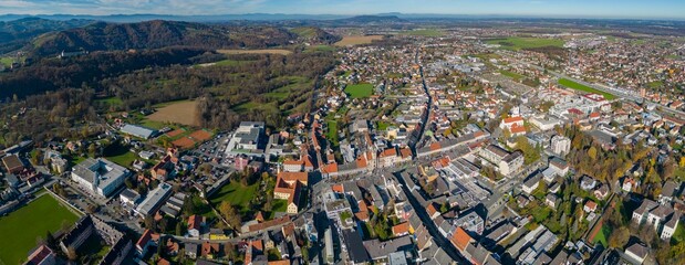 Aerial view of the old town of the city Leibnitz in Austria,  on a sunny morning autumn day