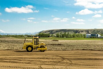 Tractor in a field in Reykjavik, Iceland