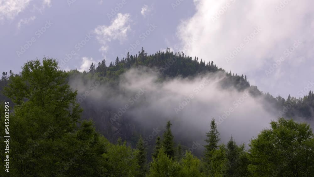 Poster Aerial shot of a landscape with forested hills and floating clouds in a foggy weather