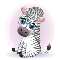 Cute cartoon zebra is sitting and waving its tail. Children's character.