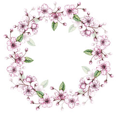 Watercolor cherry frame on a white background