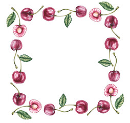 Watercolor cherry frame on a white background