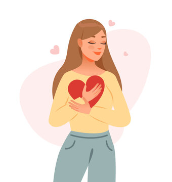 Self love concept. The girl embraces the heart. Mental health. Cartoon vector illustration