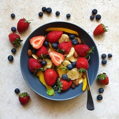 Obraz premium Top view of fresh fruits in a bowl on the stone table