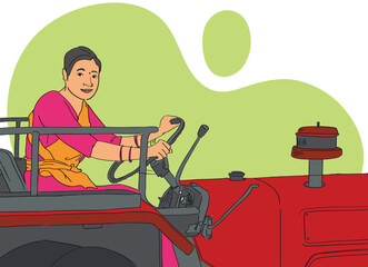 indian women farmer driving tractor and trailer through agriculture field. indian women on truck. tractor driver