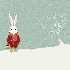 Christmas illustration with a cute cartoon rabbit in winter - 545202860