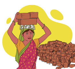 Smiling Indian Women carrying a house bricks on her head. She is working on a construction site. happy with work and supporting indian economy.