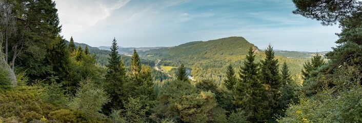 Beautiful forest landscape with lush fir trees and mountains in Scotland