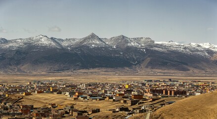 Panoramic view of the city of Litang, Sichuan, China, surrounded by snowy hills
