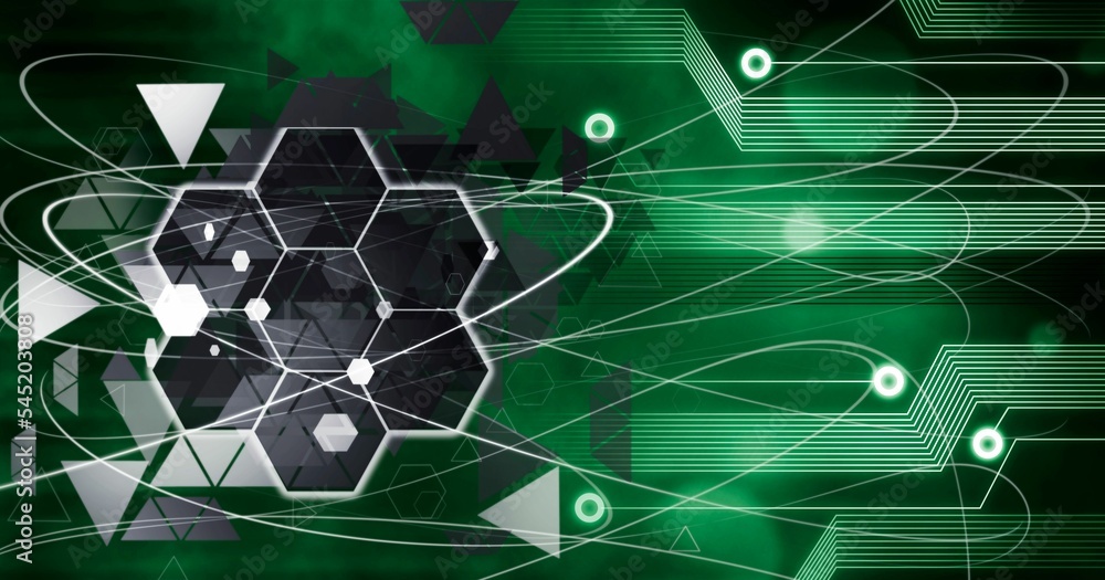 Poster 3d rendering of a green technology background with light trails