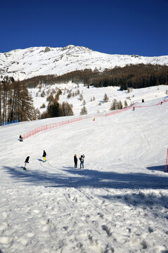 Skiing track in the mountains of Valtellina, Italy. 