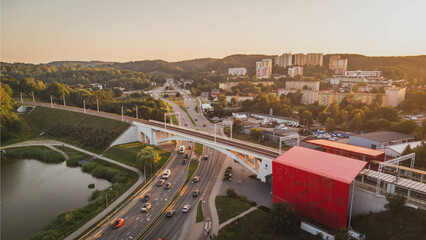 Obraz premium Railway viaduct and PKM stop at sunset. Gdansk Niedzwiednik.